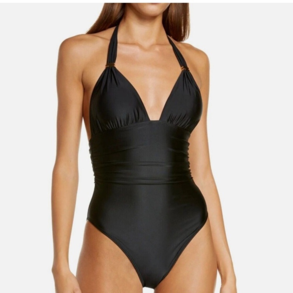Vix Paula Hermanny One Piece Swimsuit Blue Bia Tube Halter Ruched Padded